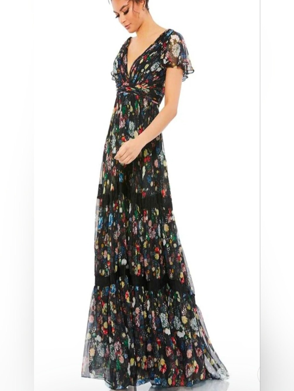 NWT Mac Duggal 67934 Black Floral V-Neck Maxi Dress Size 2